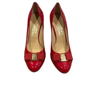 Salvatore Ferragamo Red Patent Leather Bow Pumps